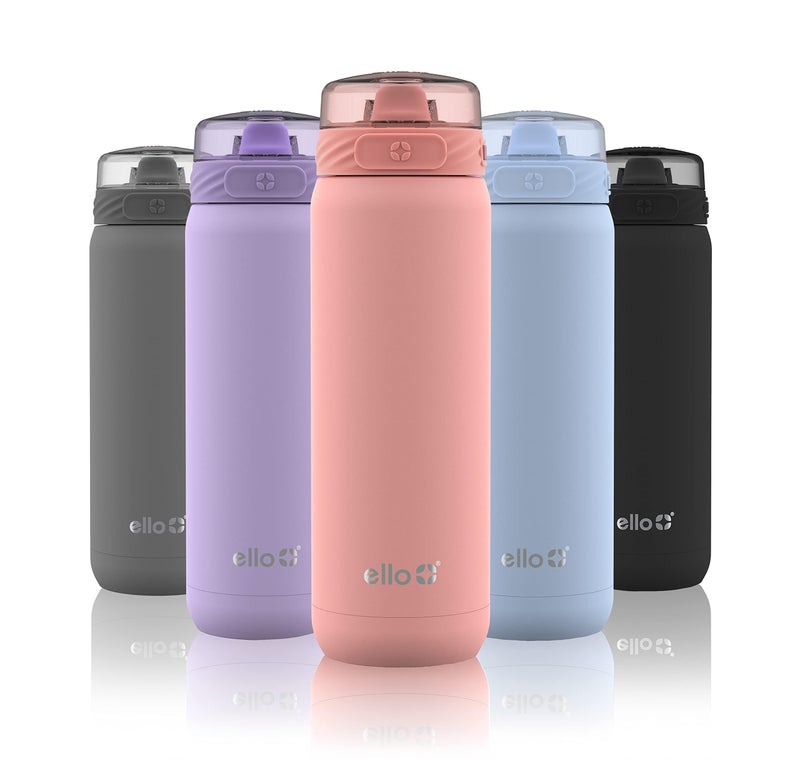 Ello Ello Cooper 22oz Stainless Steel Water Bottle with Straw and Carry Handle Double Walled and Vacuum Insulated Metal Leak Proof Locking Lid with Soft Silicone Spout Reusable BPA Free Coral