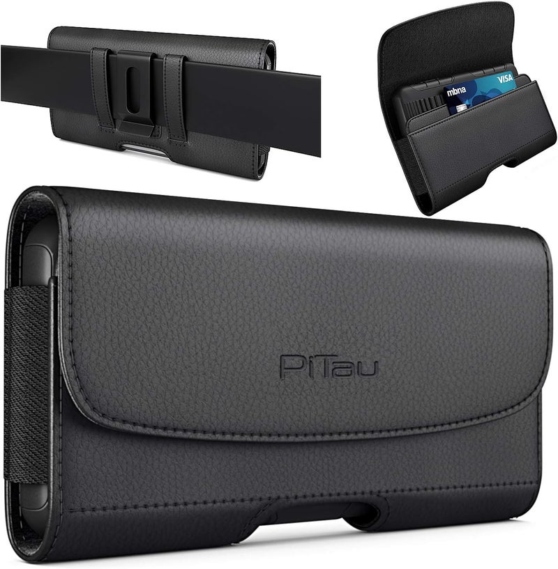 PiTau Holster for iPhone Pro Max & Plus 16, 15, 14, 13, 12, 11, 8, 7, 6, 6s, Xs Max, Cell Phone Case with Belt Clip ID Card Holder for Samsung Galaxy S25+ Note 10+, Fits with Otterbox, Black Large - Image 1