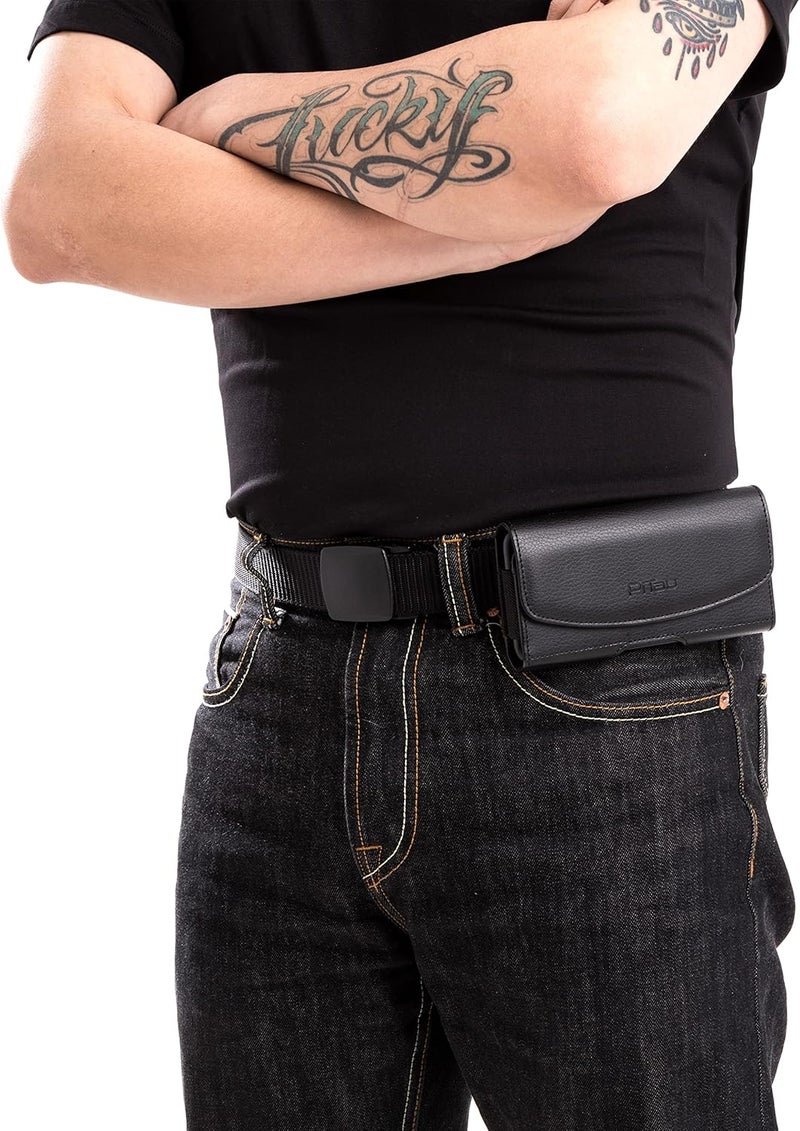 PiTau Holster for iPhone Pro Max & Plus 16, 15, 14, 13, 12, 11, 8, 7, 6, 6s, Xs Max, Cell Phone Case with Belt Clip ID Card Holder for Samsung Galaxy S25+ Note 10+, Fits with Otterbox, Black Large - Image 4
