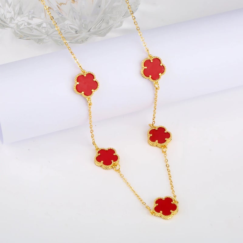 Golden Red Stainless Steel Clover Pendant Necklace