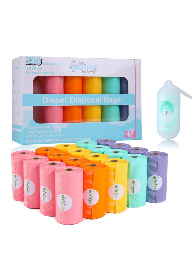 USBOO Diaper Bags Disposable for Baby, 20 Refill Rolls/300 Bags Waste Bags with Dispenser, Convenient and Quick Diaper Disposal, Rainbow - Image 1