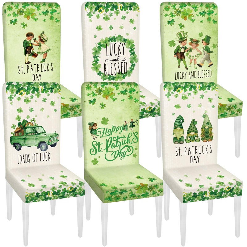 Yoande Set of 6 St. Patricks Day Chair Covers, Green Spring Saint Patrick Shamrock Chair Slipcovers, Retro Emovable Washable Seat Protector Covers for Home Kitchen Dining Room Decor - Image 1
