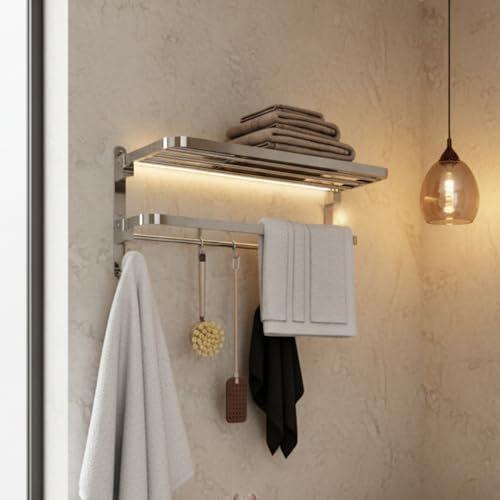 Well Set Stainless Steel Foldable Towel Rack for Bathroom | 24 Inch Wall Mounted Towel Holder with Shelf | Durable Rust-Free Space Saving Bathroom Accessory (Chrome Finish, Silver) - Image 3