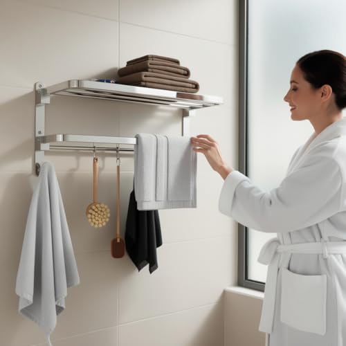 Well Set Stainless Steel Foldable Towel Rack for Bathroom | 24 Inch Wall Mounted Towel Holder with Shelf | Durable Rust-Free Space Saving Bathroom Accessory (Chrome Finish, Silver) - Image 2