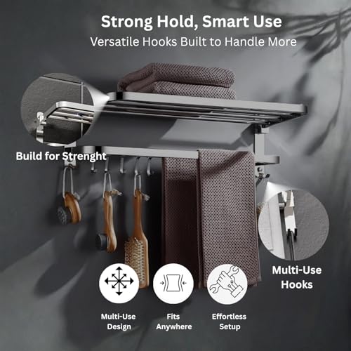 Well Set Stainless Steel Foldable Towel Rack for Bathroom | 24 Inch Wall Mounted Towel Holder with Shelf | Durable Rust-Free Space Saving Bathroom Accessory (Chrome Finish, Silver) - Image 5