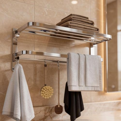 Well Set Stainless Steel Foldable Towel Rack for Bathroom | 24 Inch Wall Mounted Towel Holder with Shelf | Durable Rust-Free Space Saving Bathroom Accessory (Chrome Finish, Silver) - Image 1