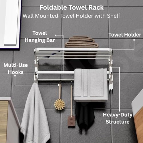 Well Set Stainless Steel Foldable Towel Rack for Bathroom | 24 Inch Wall Mounted Towel Holder with Shelf | Durable Rust-Free Space Saving Bathroom Accessory (Chrome Finish, Silver) - Image 4