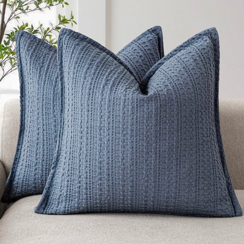 Foindtower Set of 2 Decorative Cotton Waffle Weave Throw Pillow Covers Euro Shams Cushion Covers Accent European Pillowcase for Bed Couch Sofa Bedroom Living Room Home Decor 18×18 Inch Blue - Image 1