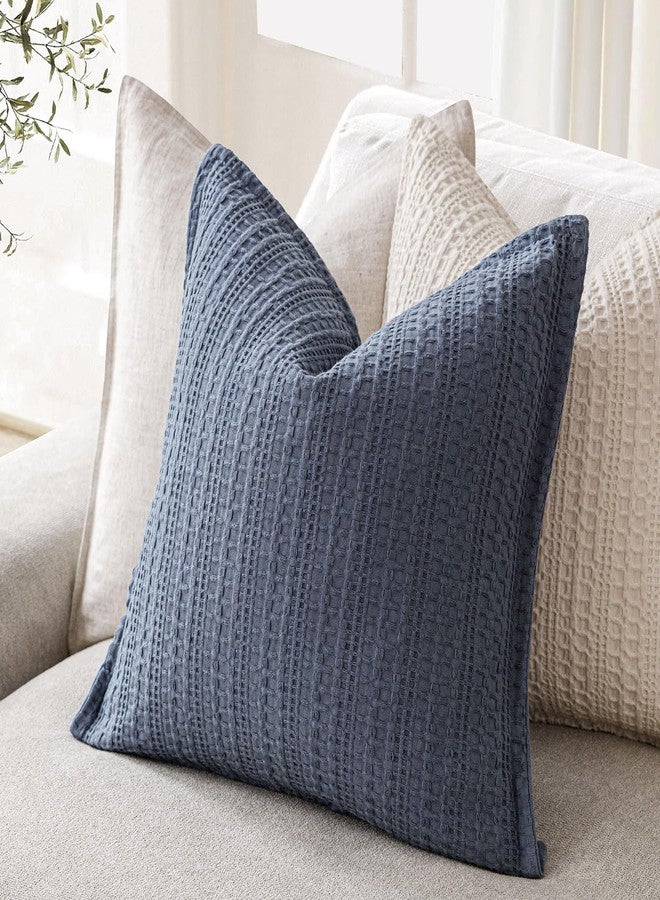 Foindtower Set of 2 Decorative Cotton Waffle Weave Throw Pillow Covers Euro Shams Cushion Covers Accent European Pillowcase for Bed Couch Sofa Bedroom Living Room Home Decor 18×18 Inch Blue - Image 4