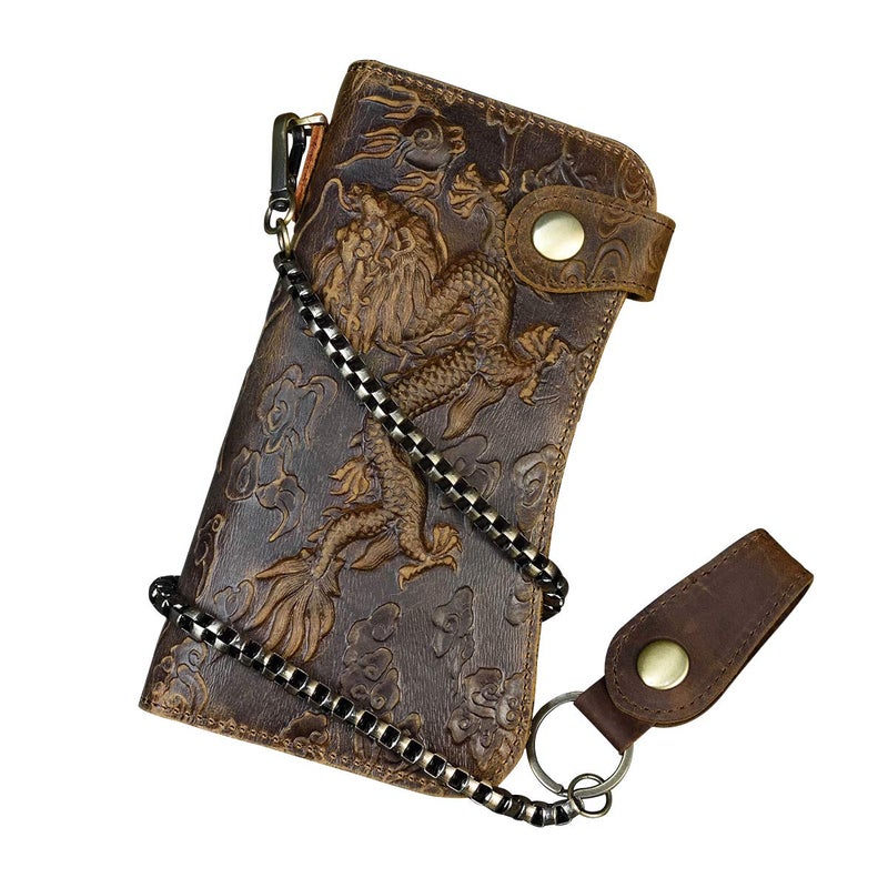 LUUFAN Men's Genuine Leather Long Wallet Chain Wallet Card holder Wallet with Coin Pocket (Dragon) - Image 1