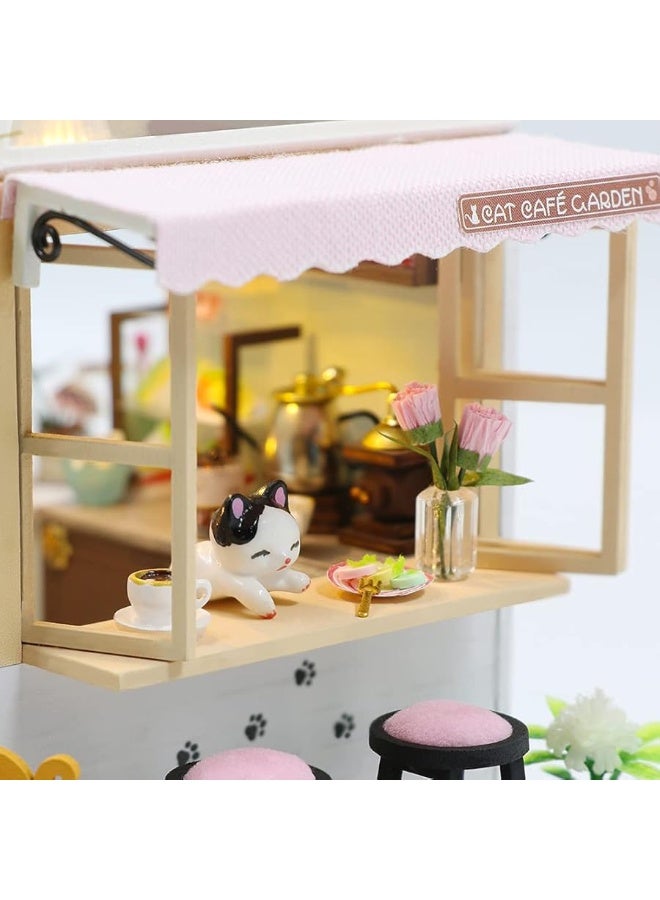 CUTEBEE Dollhouse Miniature with Furniture DIY Wooden Dollhouse Kit Plus Dust Proof Creative Room IdeaCat Coffee Garden - Image 1