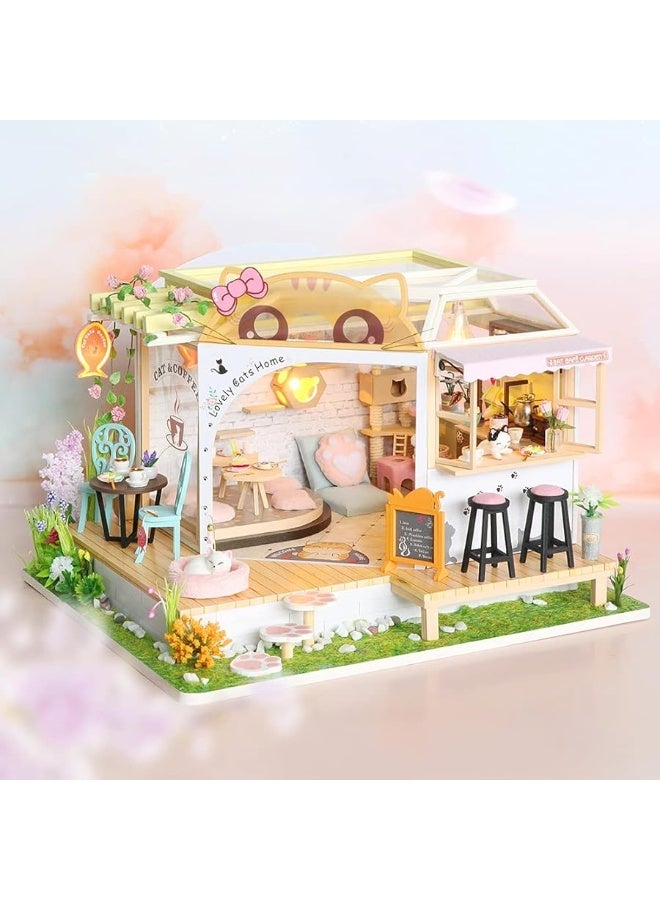 CUTEBEE Dollhouse Miniature with Furniture DIY Wooden Dollhouse Kit Plus Dust Proof Creative Room IdeaCat Coffee Garden - Image 5