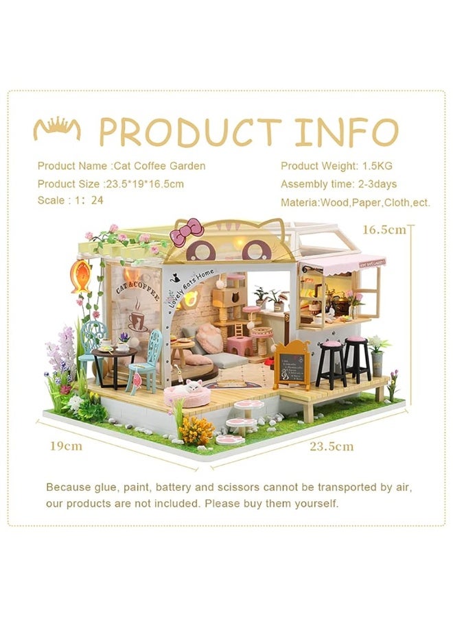 CUTEBEE Dollhouse Miniature with Furniture DIY Wooden Dollhouse Kit Plus Dust Proof Creative Room IdeaCat Coffee Garden - Image 3