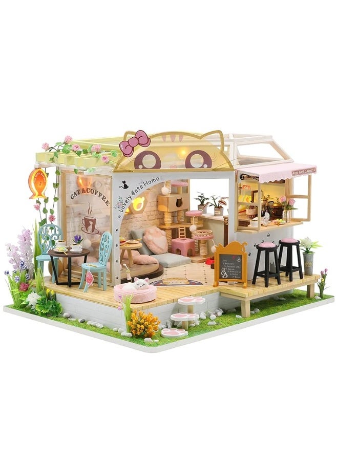 CUTEBEE Dollhouse Miniature with Furniture DIY Wooden Dollhouse Kit Plus Dust Proof Creative Room IdeaCat Coffee Garden - Image 4