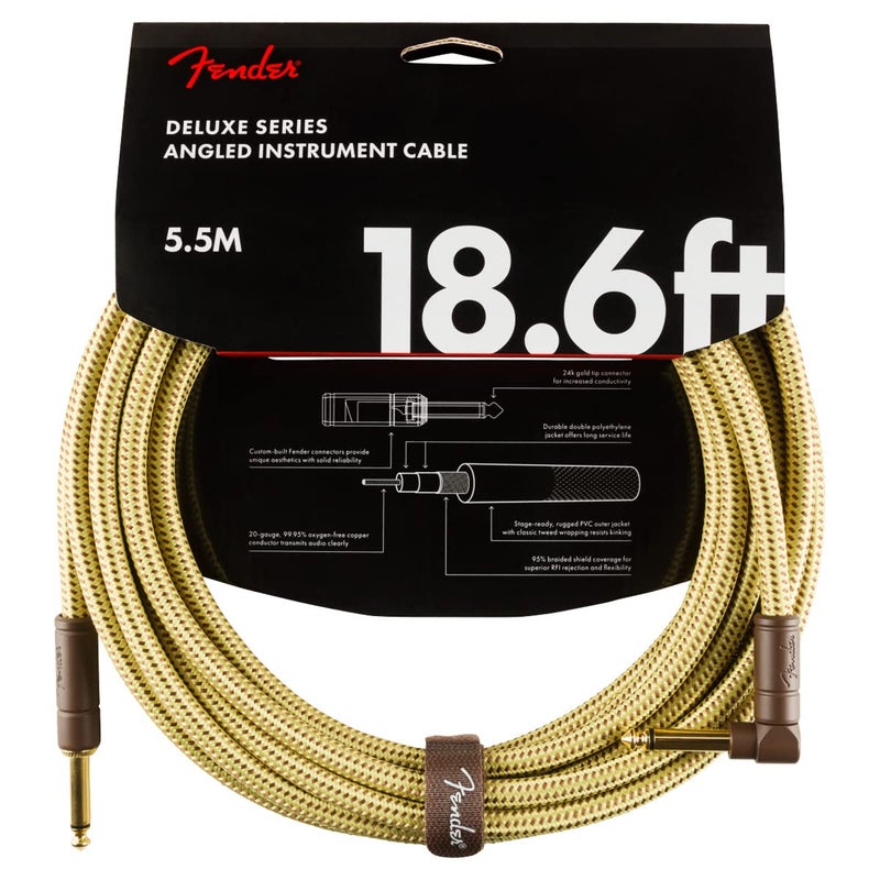 Fender Deluxe Series Instrument Cable, Guitar Cable, Guitar Accessories, Straight/Angle, Tweed, 18.6ft