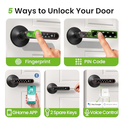 Ghome Smart Fingerprint Door Konb with Lock, 0.2S Fast Unlock, 4-in-1 Keyless Entry Door Lock with Handle, App Control, Passcode & Key, Fingerprint Door Lock for Bedroom, Home, Apartment & Office - Image 2