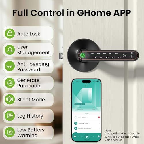 Ghome Smart Fingerprint Door Konb with Lock, 0.2S Fast Unlock, 4-in-1 Keyless Entry Door Lock with Handle, App Control, Passcode & Key, Fingerprint Door Lock for Bedroom, Home, Apartment & Office - Image 5