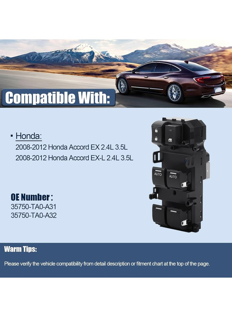 TLAXCA مفتاح نافذة رئيسي متوافق مع هوندا أكورد EX EXL 2.4L 3.5L من 2008-2012، مفتاح نافذة كهربائي من جهة السائق، استبدال رقم OE 35750-TA0-A31، 35750-TA0-A32 - Image 2