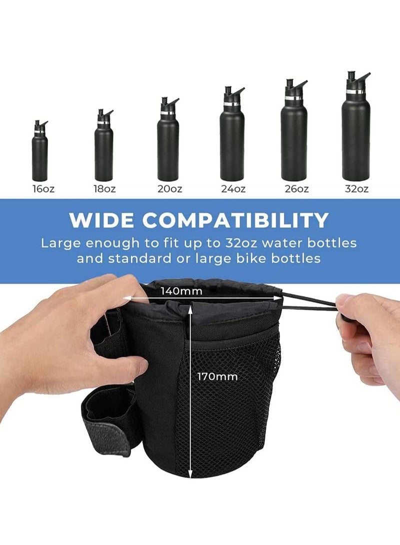 Barakah Bike Cup Holder 2 Pack Water Bottle Bicycle Handlebar Drink with Mesh Pockets Phone Bag for Cruiser, Mountain Bike, Scooter, Folding, Road Wheelchair, Black - Image 2