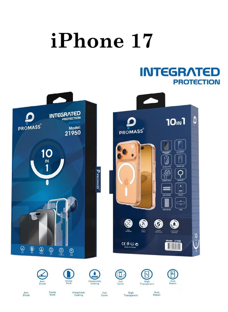 PROMASS integrated protection package for the iPhone 17. The package has a new look and complete protection for your phone with a case that supports MageSafe wireless charging from Promas (10in1) - Image 2