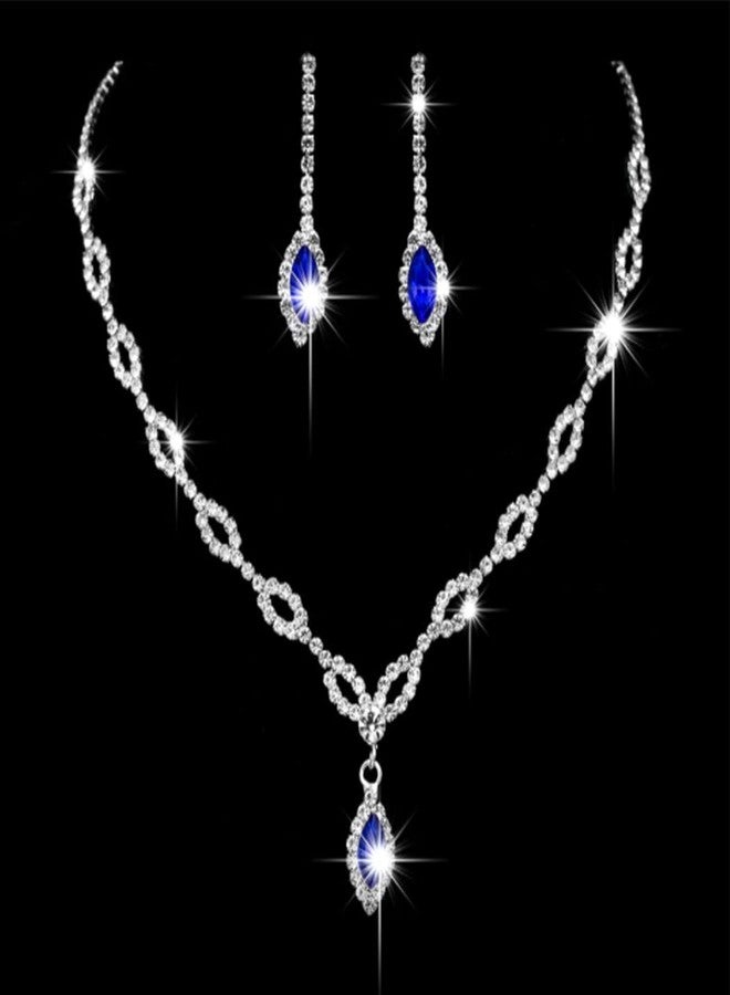 Unicra Silver Bride Wedding Jewelry Sets Blue Crystal Bridal Necklace Earrings Set Rhinestone Prom Costume Jewelry Set Choker Necklace for Women and Brides - Image 2