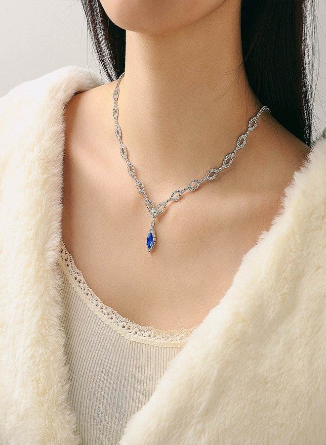 Unicra Silver Bride Wedding Jewelry Sets Blue Crystal Bridal Necklace Earrings Set Rhinestone Prom Costume Jewelry Set Choker Necklace for Women and Brides - Image 4