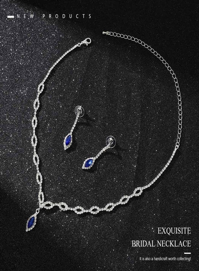 Unicra Silver Bride Wedding Jewelry Sets Blue Crystal Bridal Necklace Earrings Set Rhinestone Prom Costume Jewelry Set Choker Necklace for Women and Brides - Image 3