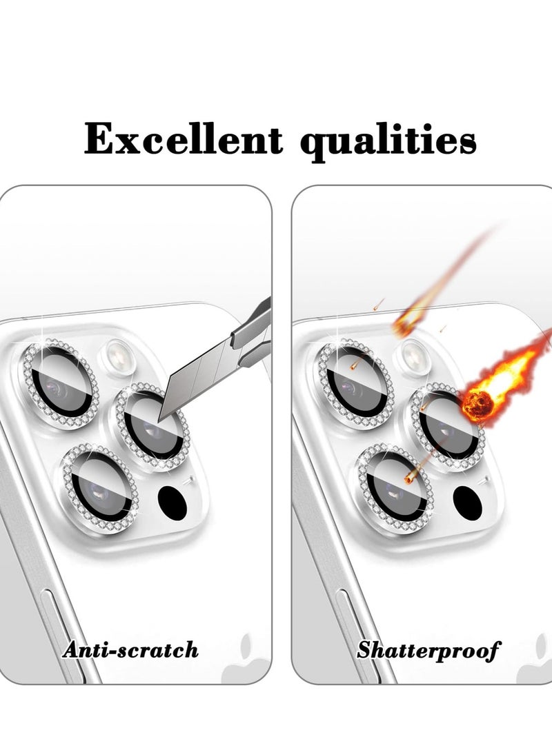 ELTRAZONE "Silver Diamond Camera Lens Protector for iPhone 16 Pro/16 Pro Max – Bling Tempered Glass Cover with Automatic Alignment Metal Rings and Glitter Film Stickers" - Image 4