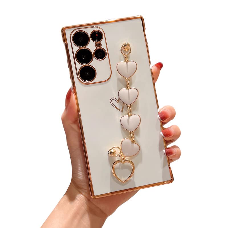 Omio for Samsung Galaxy S22 Ultra Case Cute for Women Girls, Luxury Plating Cover with Love-Heart Strap Bracelet Chain Grip Soft Glossy TPU Silicone Case Slim Phone Cover for Galaxy S22 Ultra White - Image 1