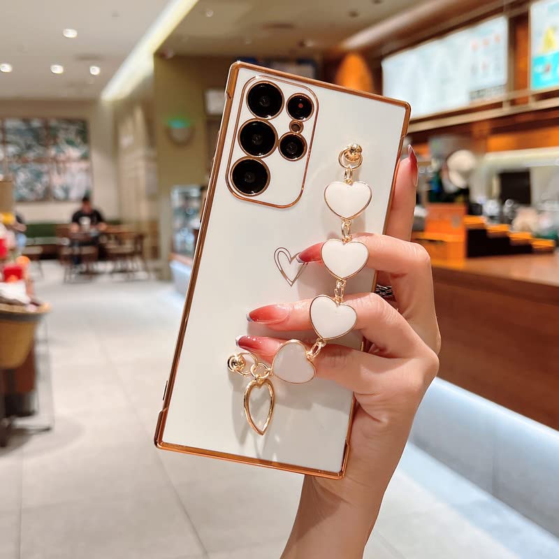 Omio for Samsung Galaxy S22 Ultra Case Cute for Women Girls, Luxury Plating Cover with Love-Heart Strap Bracelet Chain Grip Soft Glossy TPU Silicone Case Slim Phone Cover for Galaxy S22 Ultra White - Image 3