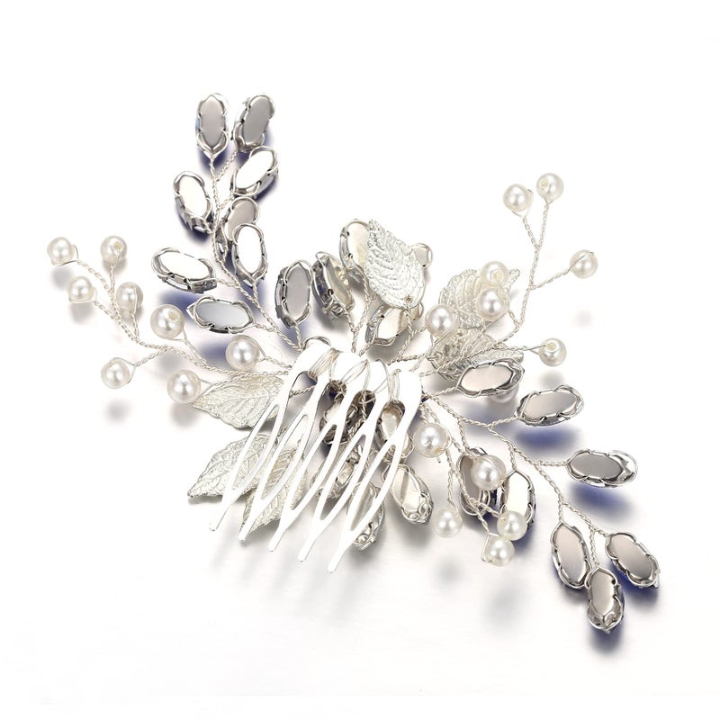 EVER FAITH Wedding Side Comb Marquise-Shaped Crystal Simulated Pearl Leaf Elegant Bridal Hair Piece Accessory for Bride Bridesmaids - Image 4