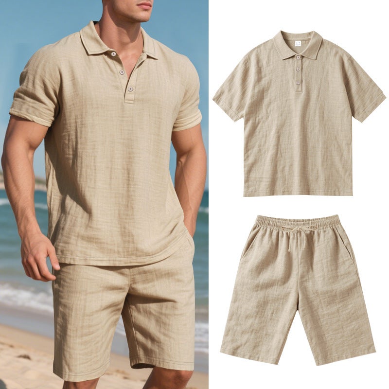 Men's Linen Polo Shirt and Shorts Set Summer Casual Two-Piece Outfit - Image 2