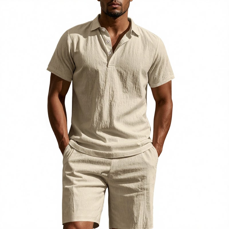 Men's Linen Polo Shirt and Shorts Set Summer Casual Two-Piece Outfit - Image 1