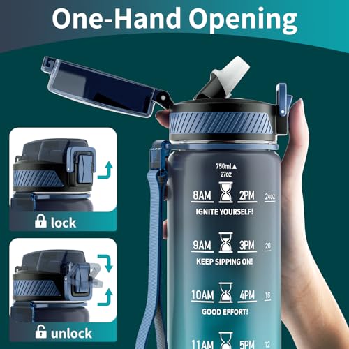 QLUR Water Bottle with Straw, 27oz Motivational Water Bottles with Time Marker to Drink, Tritan BPA Free, 750ml Sports Water Bottle with Carry Strap LeakProof for School Fitness Outdoor (1Pack) - Image 4