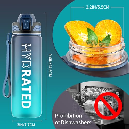 QLUR Water Bottle with Straw, 27oz Motivational Water Bottles with Time Marker to Drink, Tritan BPA Free, 750ml Sports Water Bottle with Carry Strap LeakProof for School Fitness Outdoor (1Pack) - Image 2
