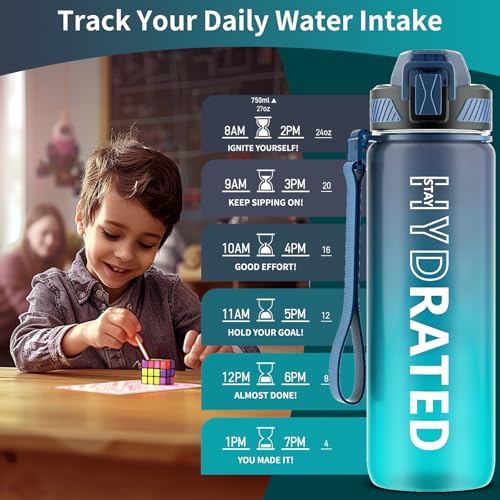 QLUR Water Bottle with Straw, 27oz Motivational Water Bottles with Time Marker to Drink, Tritan BPA Free, 750ml Sports Water Bottle with Carry Strap LeakProof for School Fitness Outdoor (1Pack) - Image 3