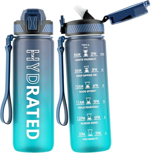 QLUR Water Bottle with Straw, 27oz Motivational Water Bottles with Time Marker to Drink, Tritan BPA Free, 750ml Sports Water Bottle with Carry Strap LeakProof for School Fitness Outdoor (1Pack) - Image 1