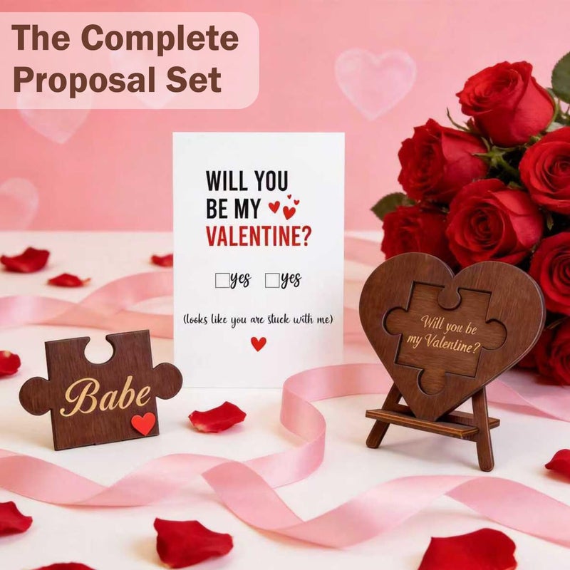 Ithmahco Will You Be My Valentine Ideas - Wooden Valentine Proposal Puzzle Piece Sign Set with Greeting Card, Engraved Wooden Heart Plaque for Her Him Girlfriend Boyfriend Husband Wife, Romantic Proposal Gift - Image 2