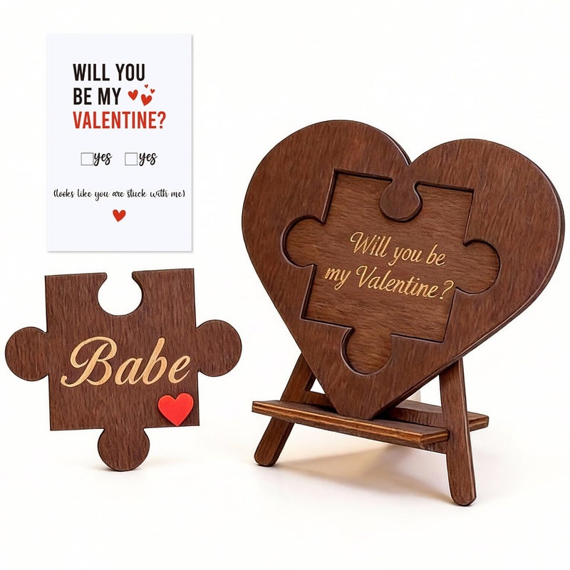 Ithmahco Will You Be My Valentine Ideas - Wooden Valentine Proposal Puzzle Piece Sign Set with Greeting Card, Engraved Wooden Heart Plaque for Her Him Girlfriend Boyfriend Husband Wife, Romantic Proposal Gift - Image 1