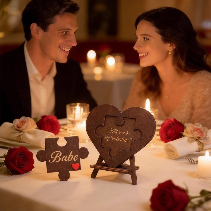 Ithmahco Will You Be My Valentine Ideas - Wooden Valentine Proposal Puzzle Piece Sign Set with Greeting Card, Engraved Wooden Heart Plaque for Her Him Girlfriend Boyfriend Husband Wife, Romantic Proposal Gift - Image 4