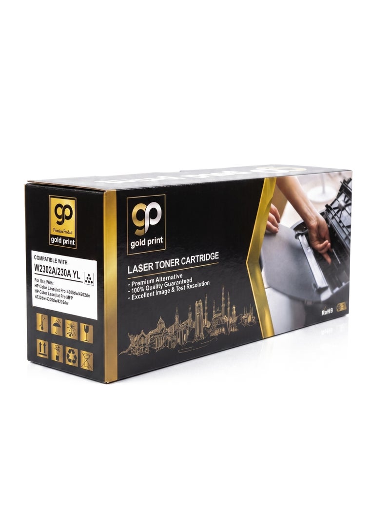 طباعة الذهب Gold Print Premium Toner Cartridge W2302A, 230A Yellow Compatible For HP Color LaserJet Pro 4203dw, 4203dn HP Color LaserJet Pro MFP 4303dw, 4303dn, 4303fdw Toner: Refined toner is infinitely close to original toner to achieve high color printing. - Image 1