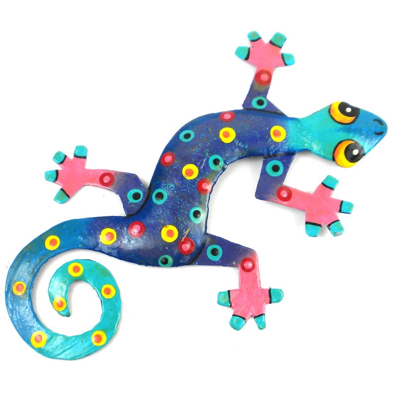 Global Crafts 8"" Painted Gecko Recycled Haitian Metal Wall Art (Blue Green  Blue Candy) - Image 1