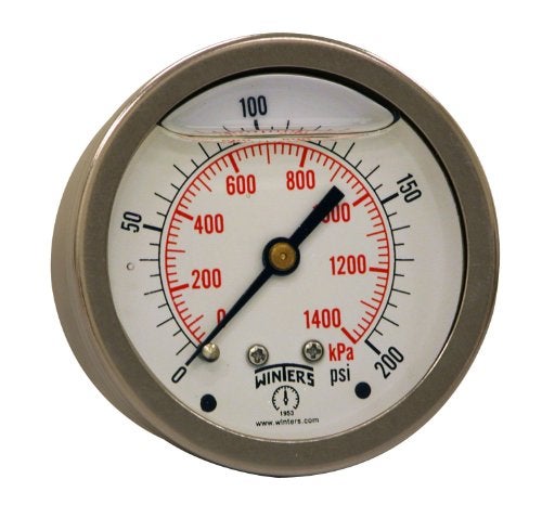 Winters Instruments Winters 2-1/2" Dial Size, Liquid Filled Industrial Pressure Gauge, Brass Internals, 304 Stainless Steel Case, Dual Scale 0-200 psi/kPa, 1.5% Acc, 1/4" NPT Back Mount, Glycerin Filled Pressure Gauge - Image 2