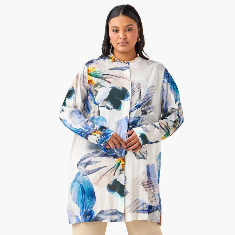  أولا بوبكن Plus Size Ulla Popken All-Over Floral Print Top with Mandarin Collar