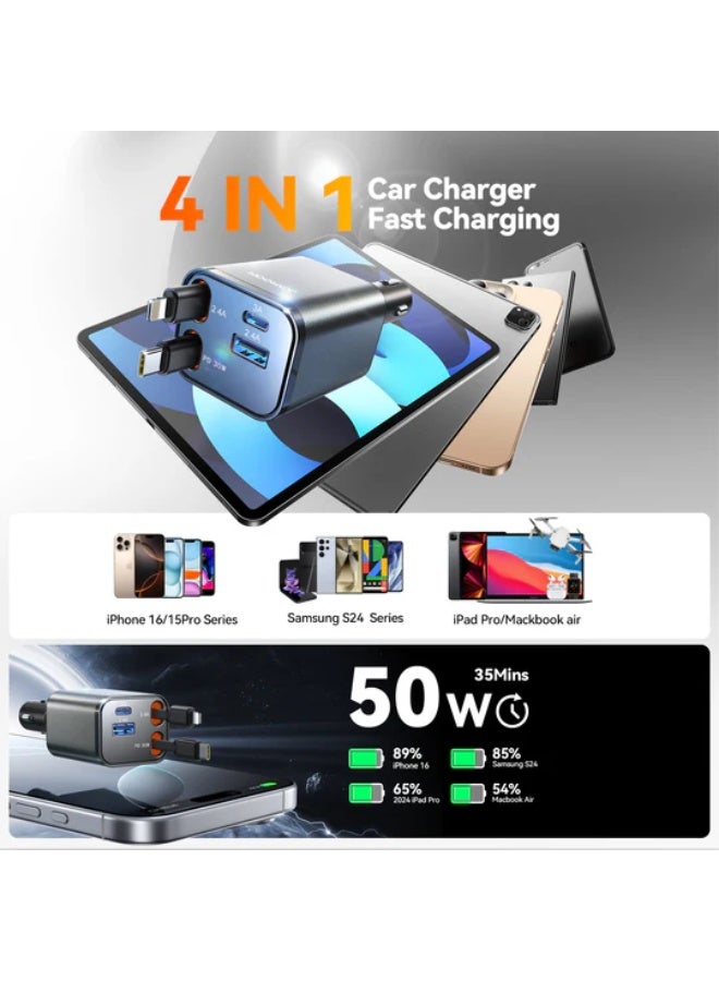 JOYROOM Car Charger 65W Fast Charging 4-in-1 Adapter with Collapsible Lightning & Type-C Cables, Dual USB Ports Type C & Type A -Powerful Output Dark Grey - Image 2