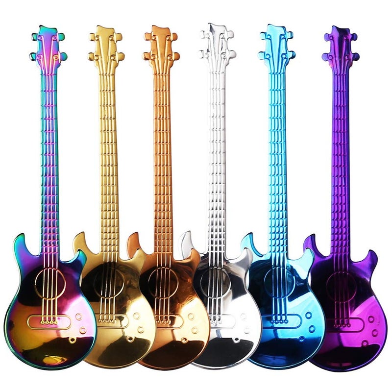 nuoshen Guitar Coffee Teaspoons 6pcs Stainless Steel Musical Coffee Gifts for Man Cute Tea Spoons Set Ice CreamDessertStirringSugar Spoon