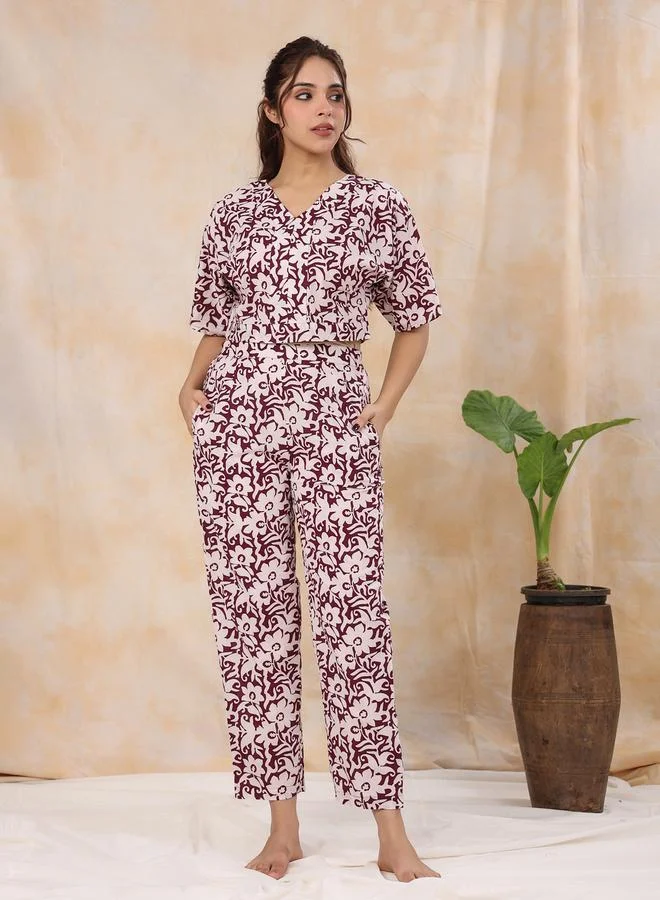 sanskrutihomes All Over Print V Neck Placket Detail Top and Pants Co-Ords