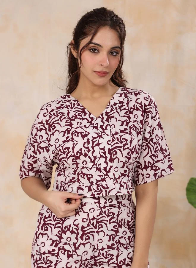 sanskrutihomes All Over Print V Neck Placket Detail Top and Pants Co-Ords