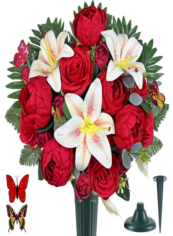 HENOMO Artificial Cemetery Flowers for Grave Vase， Headstone Silk Flower Arrangement, Graveside Decoration- Vibrant Red Camellia Rose Lily Mix Bouquet, Tombstone Memorial Flowers - Image 1