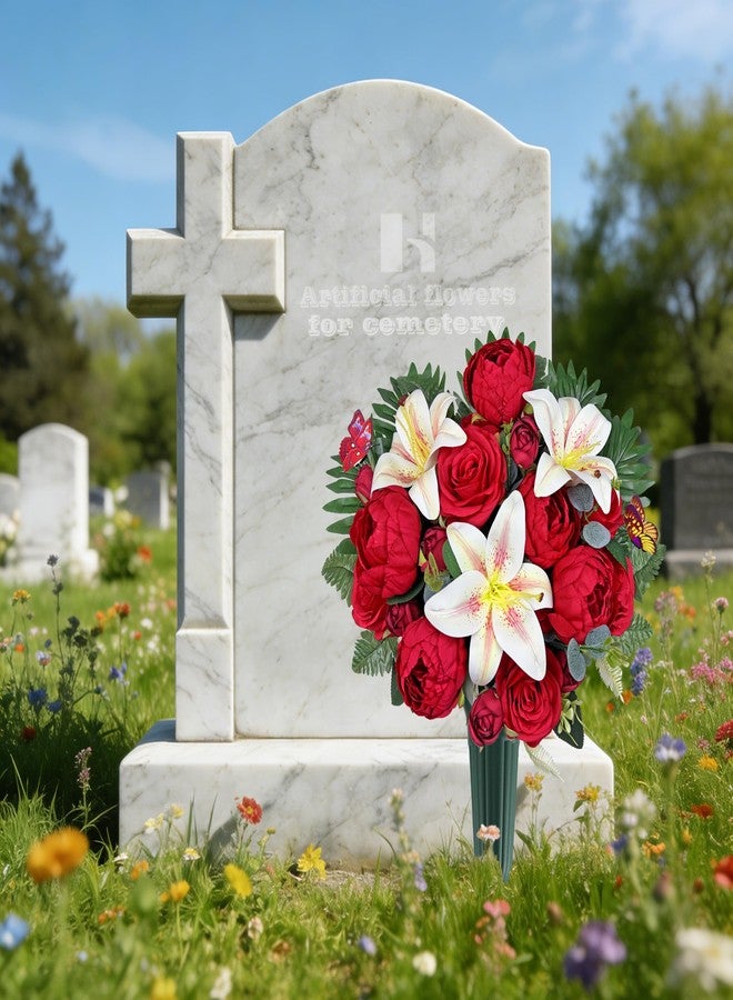 HENOMO Artificial Cemetery Flowers for Grave Vase， Headstone Silk Flower Arrangement, Graveside Decoration- Vibrant Red Camellia Rose Lily Mix Bouquet, Tombstone Memorial Flowers - Image 2